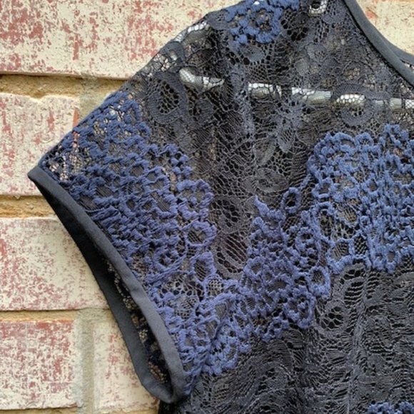 Ann Taylor Loft Black Navy Blue Striped Lace Sheer Shift Dress Sz 8 -NWT - Picture 3 of 14